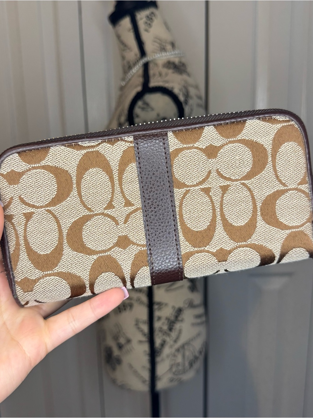 Coach Brown Signature Canvas Zip Wallet with Dark Brown Leather Trim - Picture 2 of 6